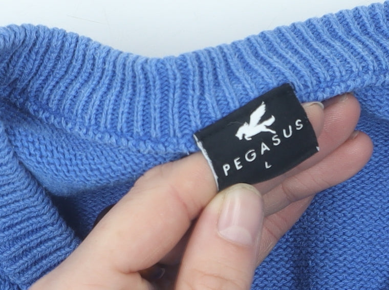 Pegasus Men's Blue V-Neck Cable-Knit Jumper L