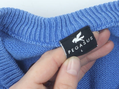Pegasus Men's Blue V-Neck Cable-Knit Jumper L