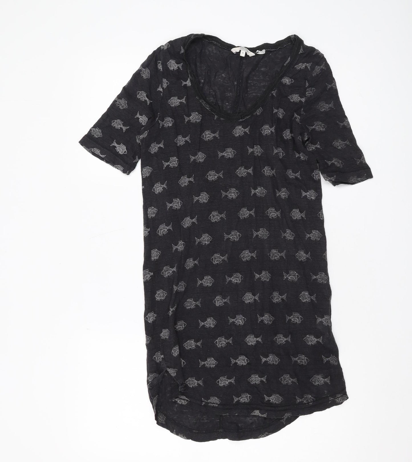 FatFace Women Black Fish Print Linen Tunic T-Shirt Size 6