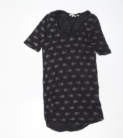 FatFace Women Black Fish Print Linen Tunic T-Shirt Size 6