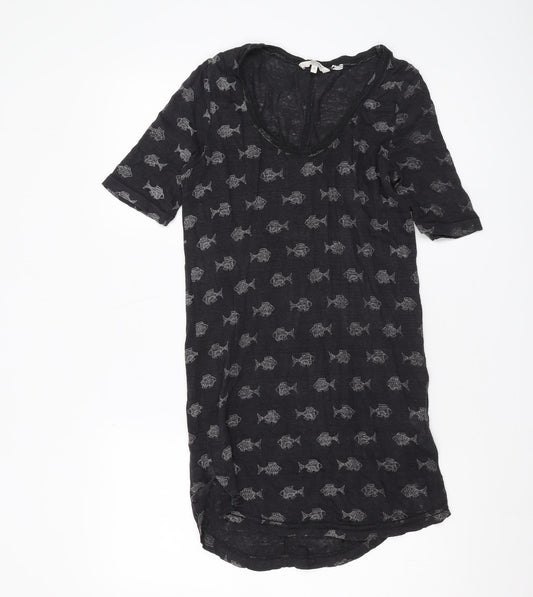 FatFace Women Black Fish Print Linen Tunic T-Shirt Size 6