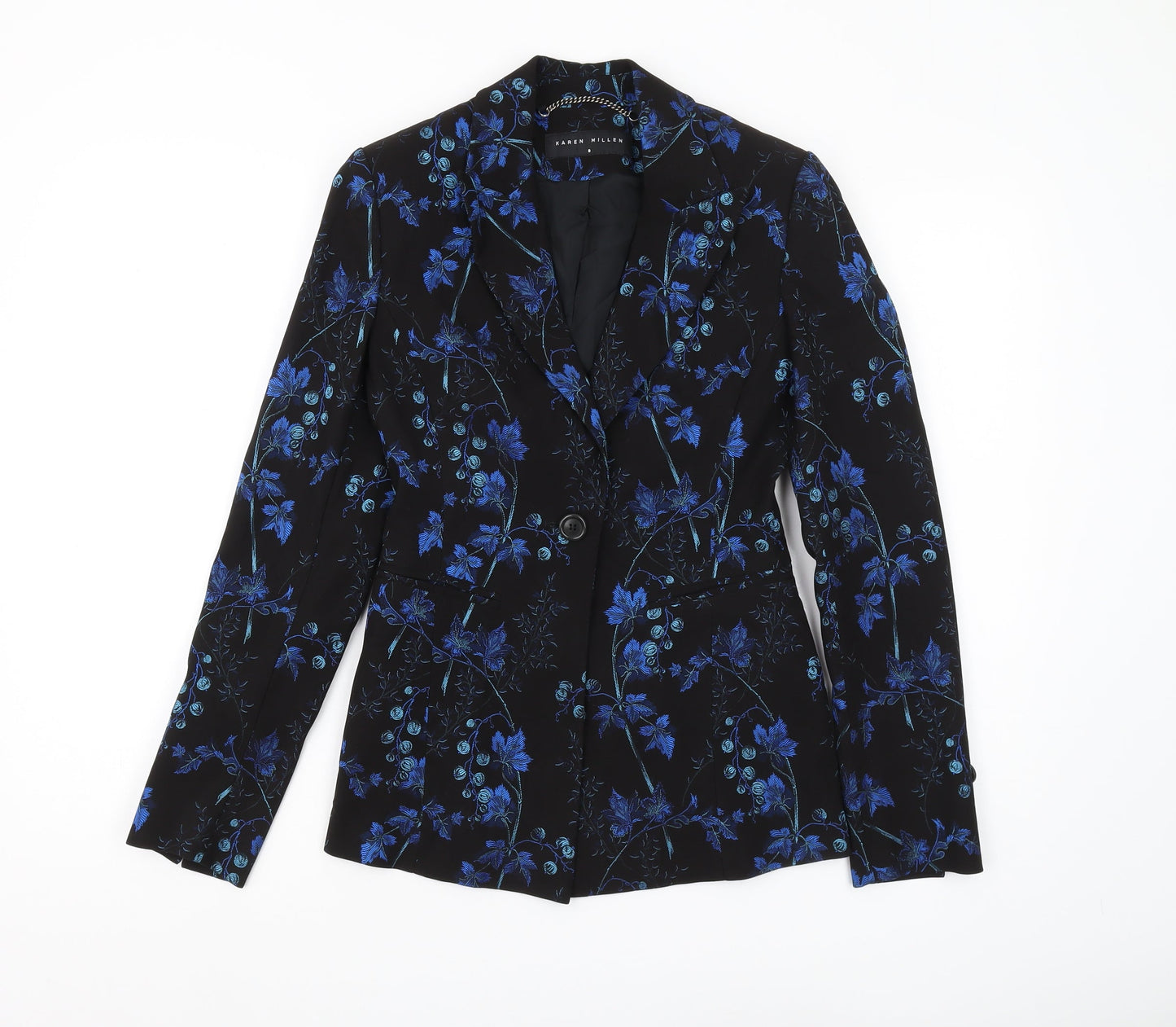 Karen Millen Floral Suit Jacket Women Size 8 Black Blue