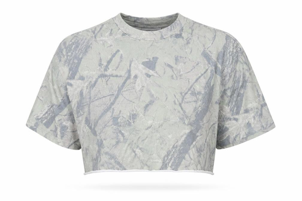 Front view of WEEKDAY unisex green camo t-shirt, l, cropped casual