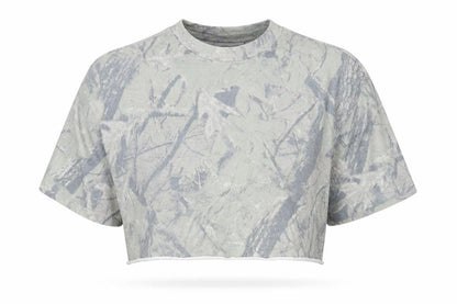 Front view of WEEKDAY unisex green camo t-shirt, l, cropped casual