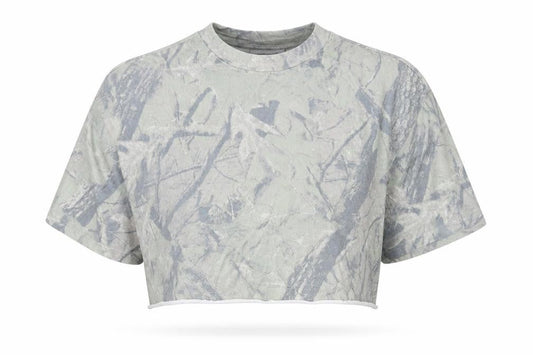Front view of WEEKDAY unisex green camo t-shirt, l, cropped casual
