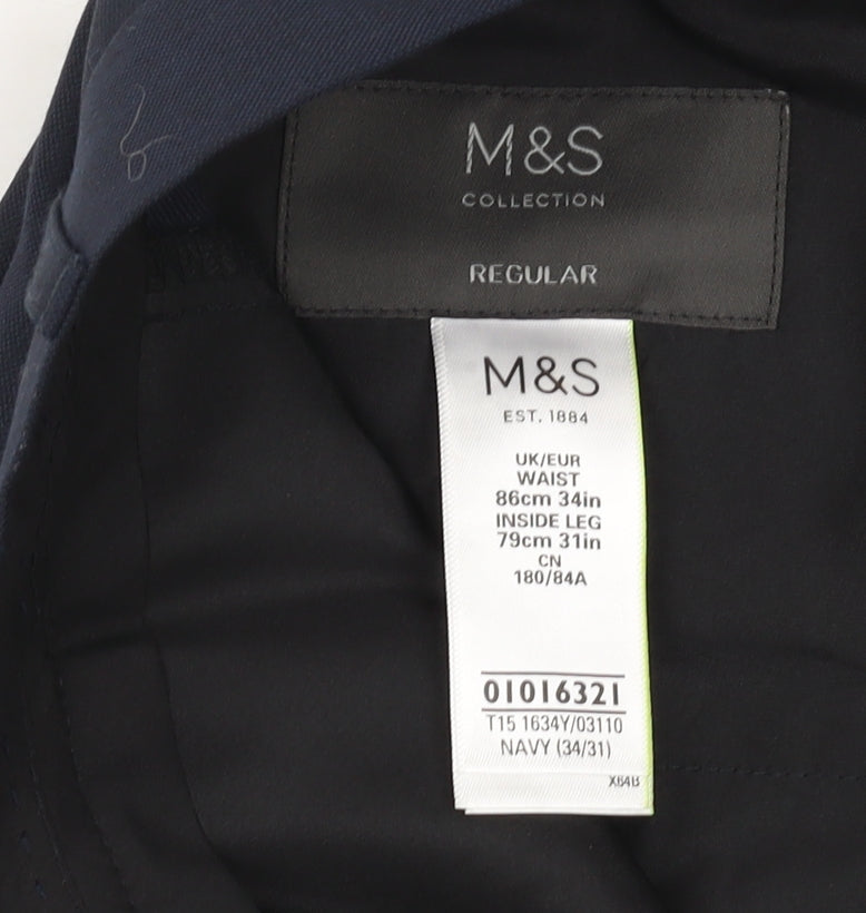 Marks & Spencer Men's Blue Regular Fit Trousers, L