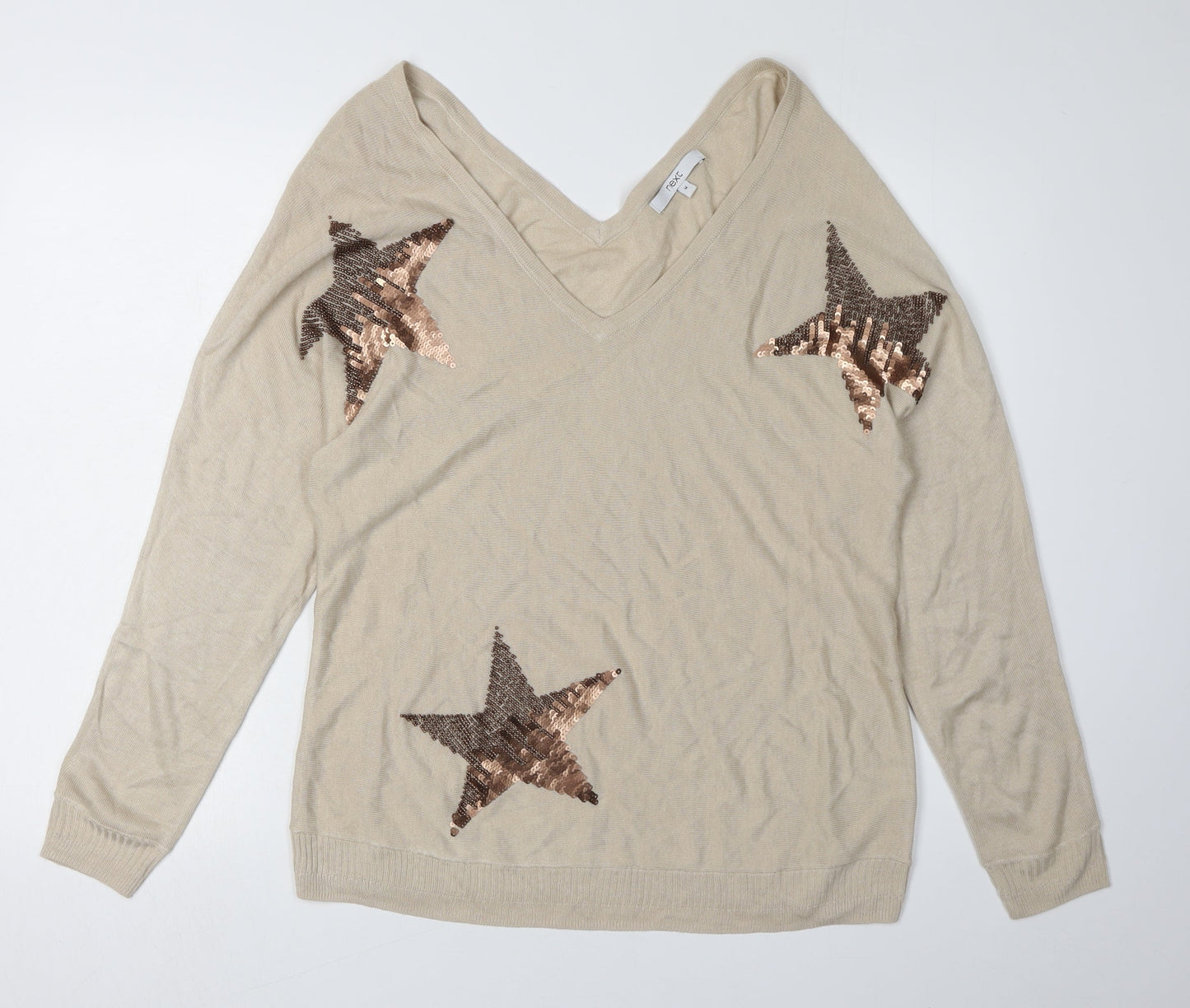 Next Women's Beige Sequin Star V-Neck Pullover M