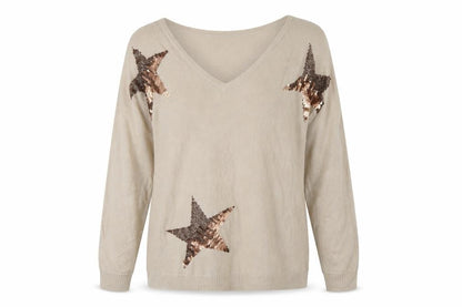 Next Women's Beige Sequin Star V-Neck Pullover M