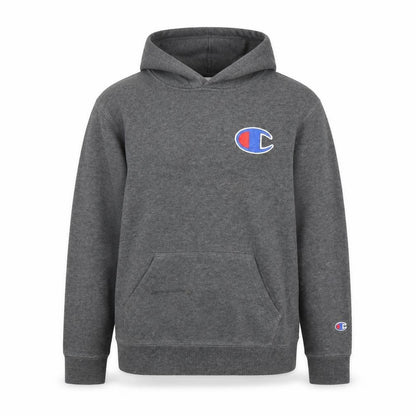 Front view of Champion unisex grey hoodie l pullover logo casual