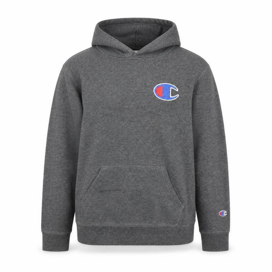 Front view of Champion unisex grey hoodie l pullover logo casual