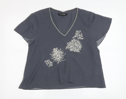 Jacques Vert Women's Grey Embroidered Floral Top, Size 12