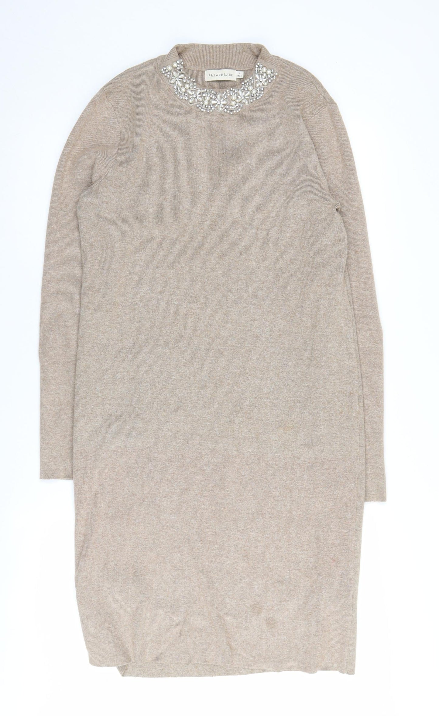 Paraphrase Women's Beige Long Sleeve Beaded Shift Dress