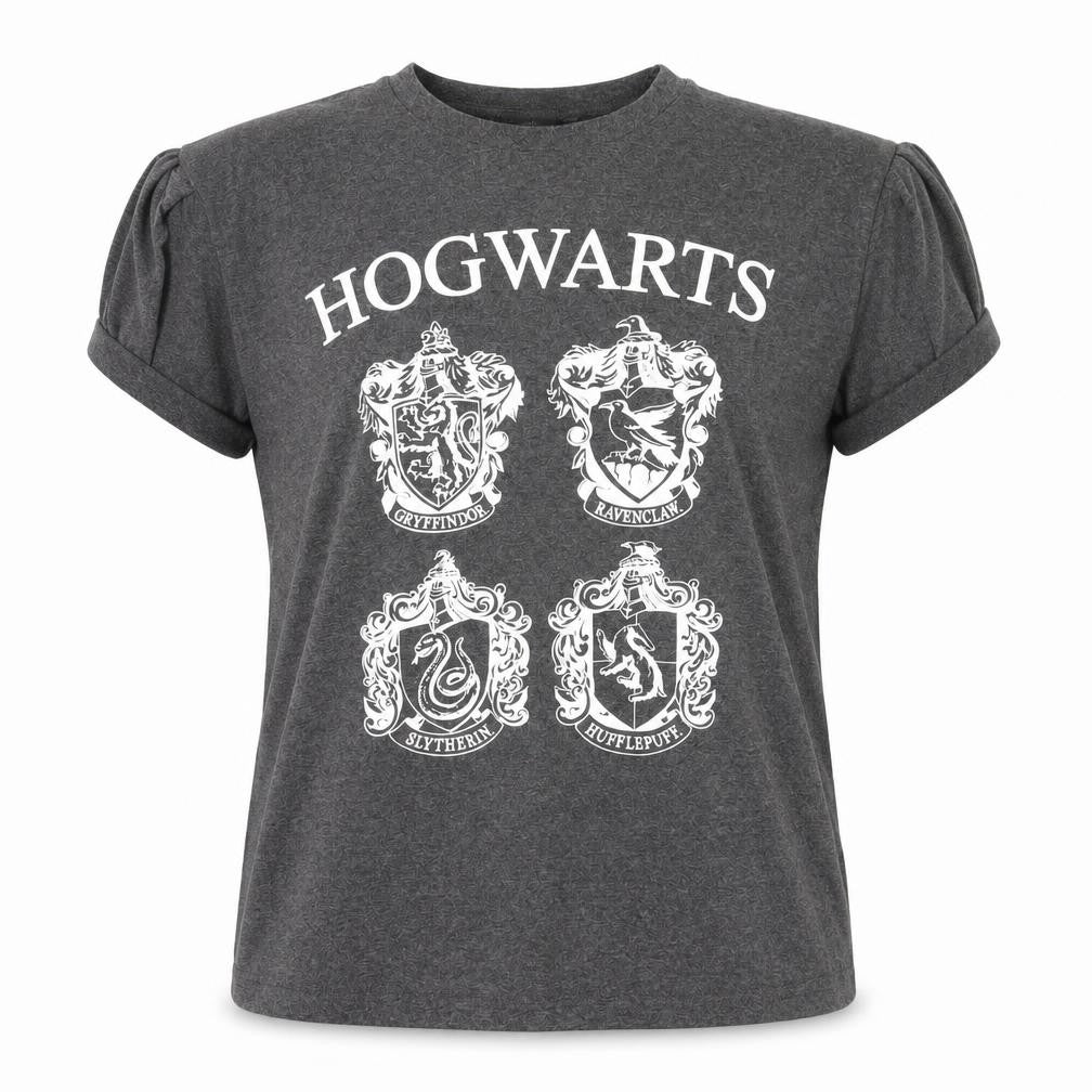 Front view of Harry Potter unisex grey hogwarts t-shirt, size 12