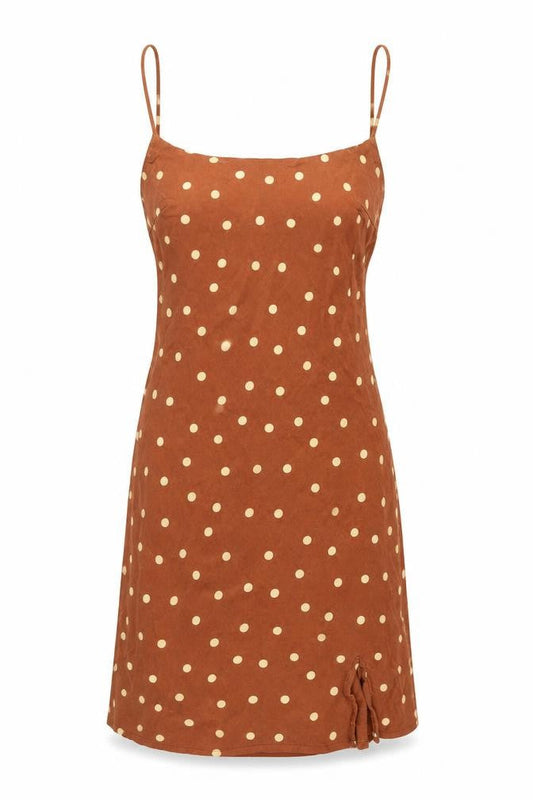 Front view of ASOS Design Women's Brown Polka Dot Slip Dress, size 4