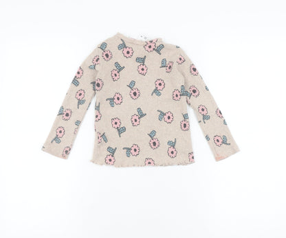 Zara Girls Beige Floral Long Sleeve T-Shirt, 2-3 Years