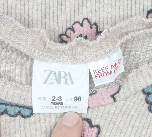 Zara Girls Beige Floral Long Sleeve T-Shirt, 2-3 Years