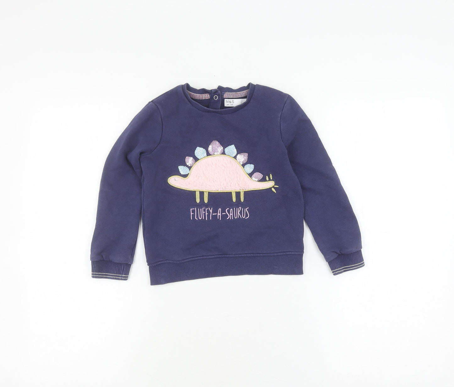 Marks and Spencer Girls Blue Henley Dinosaur Jumper 4-5 Years