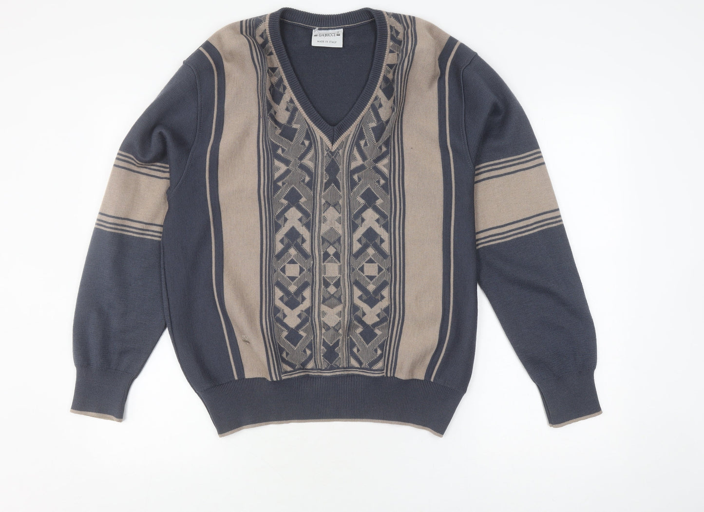 Gabicci Men's Blue Geometric V-Neck Jumper Small