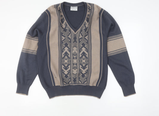 Gabicci Men's Blue Geometric V-Neck Jumper Small