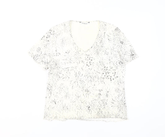 Berkertex Women's White Floral V-Neck T-Shirt Size 14