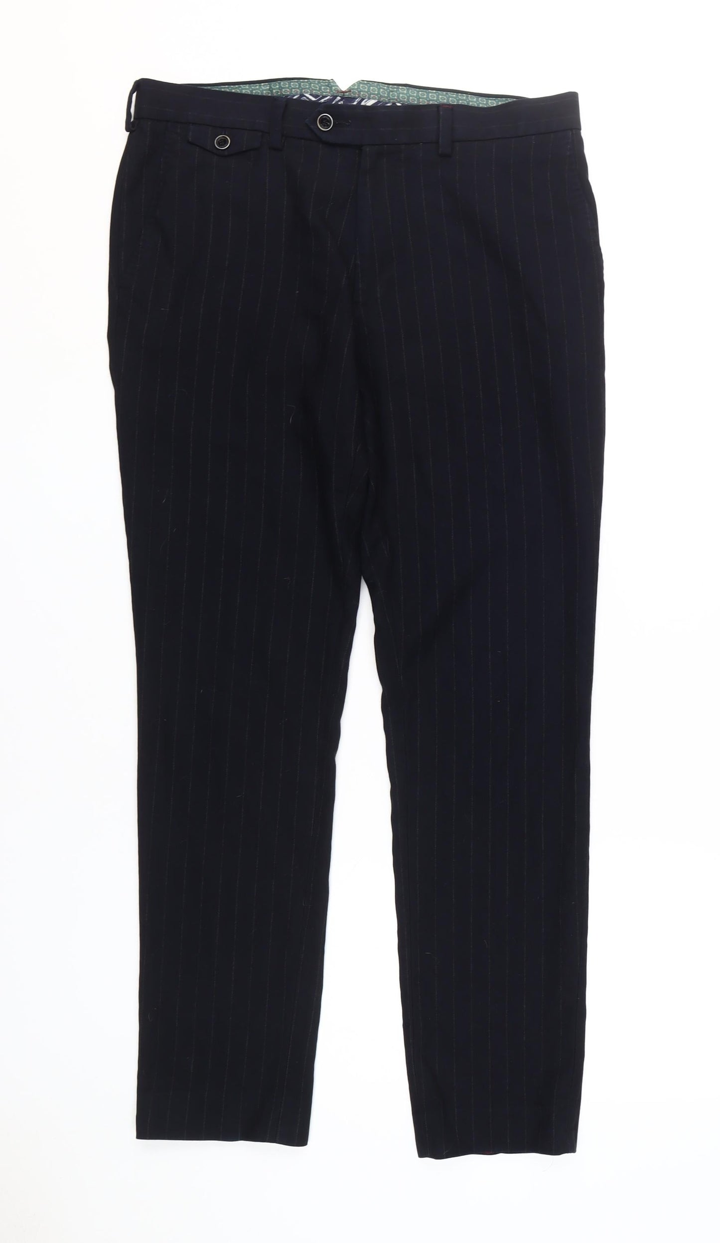 Spitalfields Men's Black Slim Fit Striped Trousers, 34
