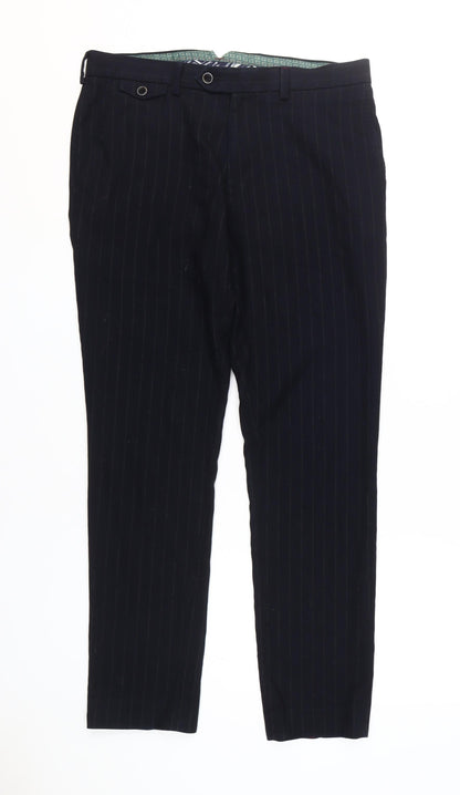 Spitalfields Men's Black Slim Fit Striped Trousers, 34