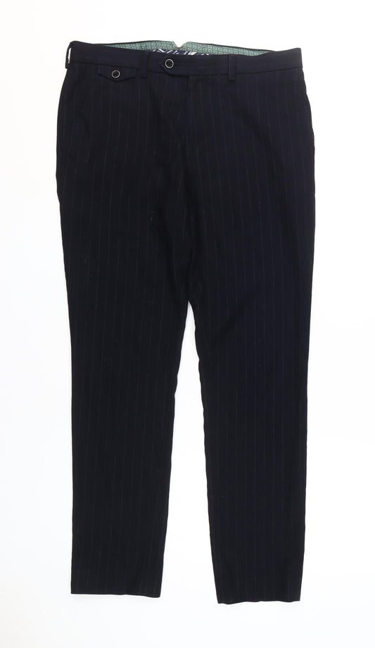 Spitalfields Men's Black Slim Fit Striped Trousers, 34