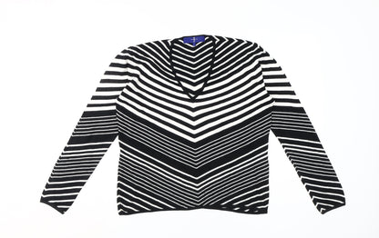 Jasper Conran Women's Black Striped V-Neck Jumper Size L