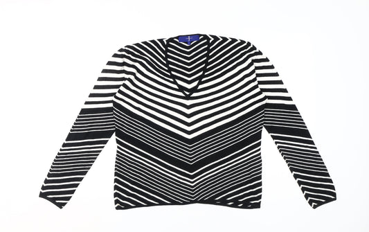 Jasper Conran Women's Black Striped V-Neck Jumper Size L