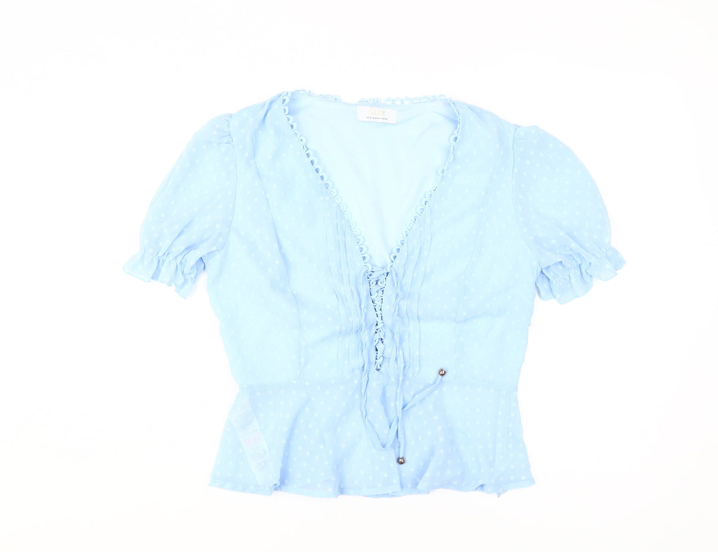 Quiz Women's Blue Cropped Blouse Size 12 Puff Sleeve