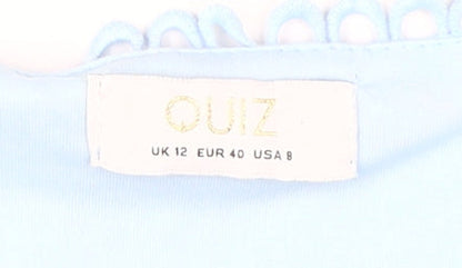 Quiz Women's Blue Cropped Blouse Size 12 Puff Sleeve