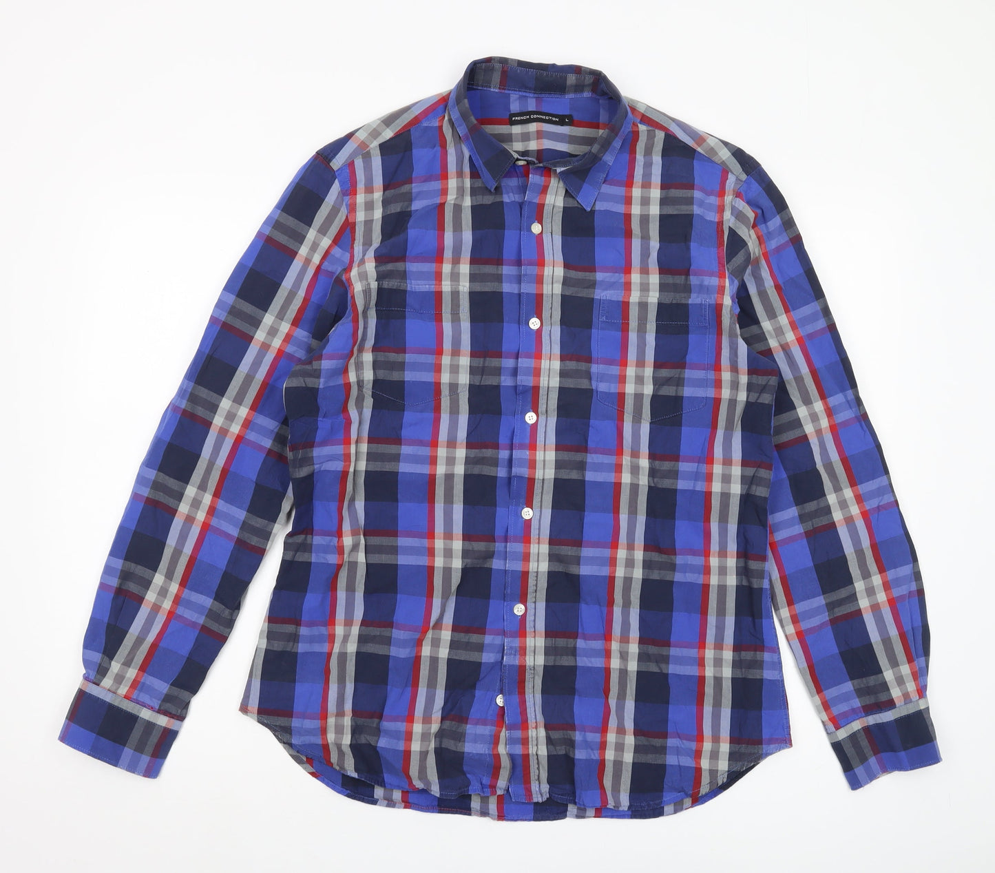 French Connection Men's Blue Plaid Long Sleeve Shirt L