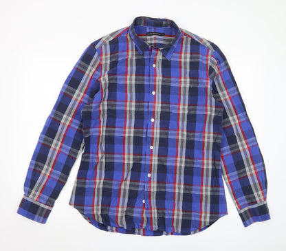 French Connection Men's Blue Plaid Long Sleeve Shirt L