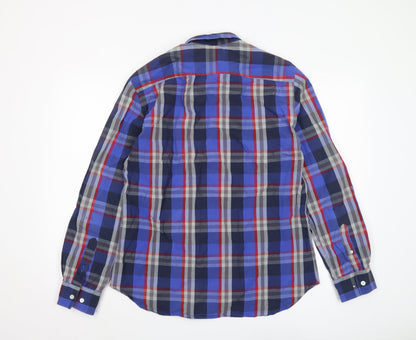 French Connection Men's Blue Plaid Long Sleeve Shirt L