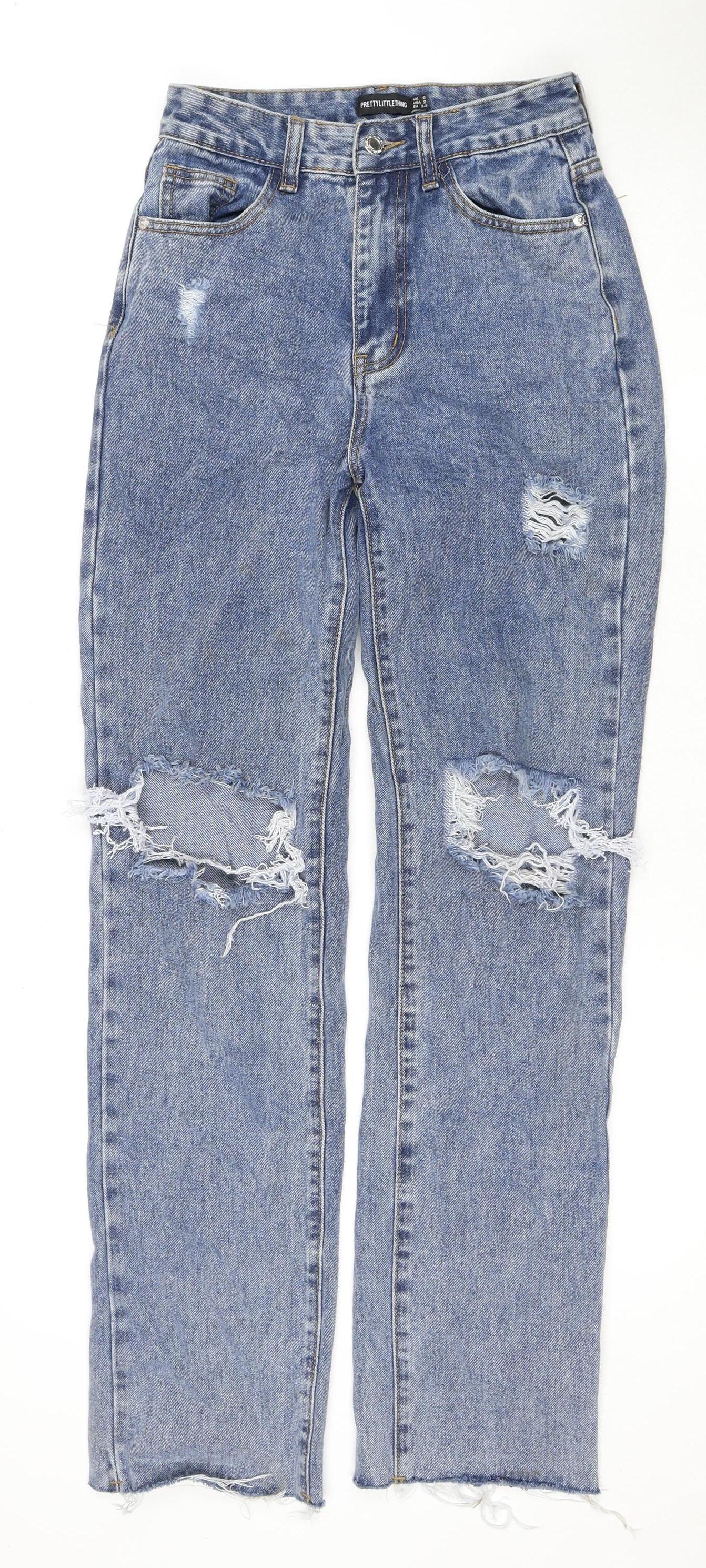 PrettyLittleThing Women's Blue Distressed Straight Jeans S6