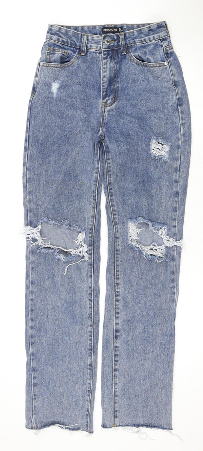 PrettyLittleThing Women's Blue Distressed Straight Jeans S6