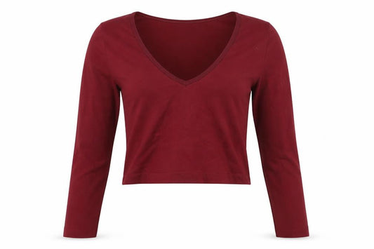 Front view of BDG Women's Red Cropped V-Neck Long Sleeve Top