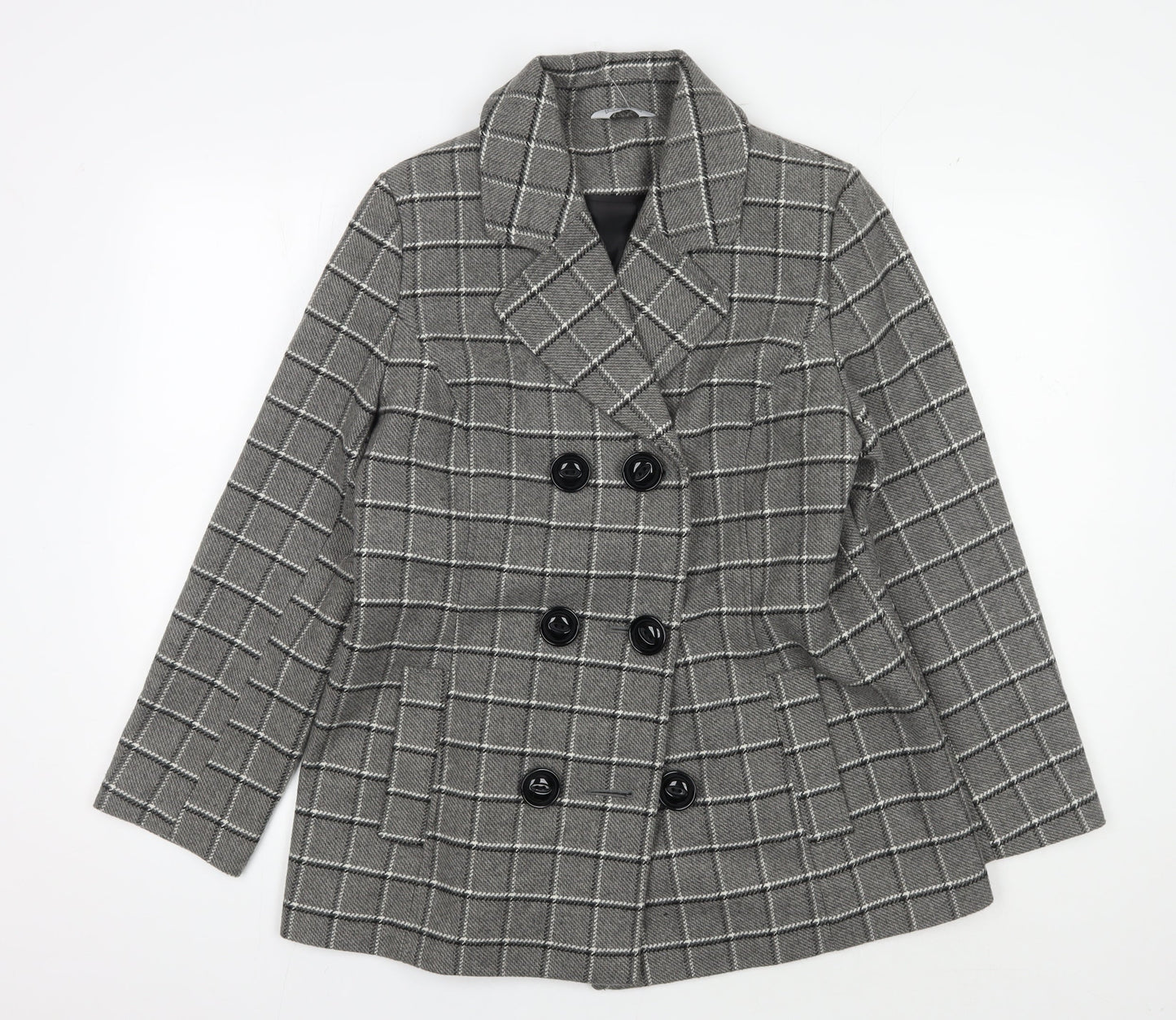 Classic Grey Check Wool Blend Pea Coat Women Size 12