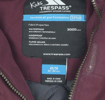 Trespass Girls Purple Parka Coat 2-3 Years Waterproof
