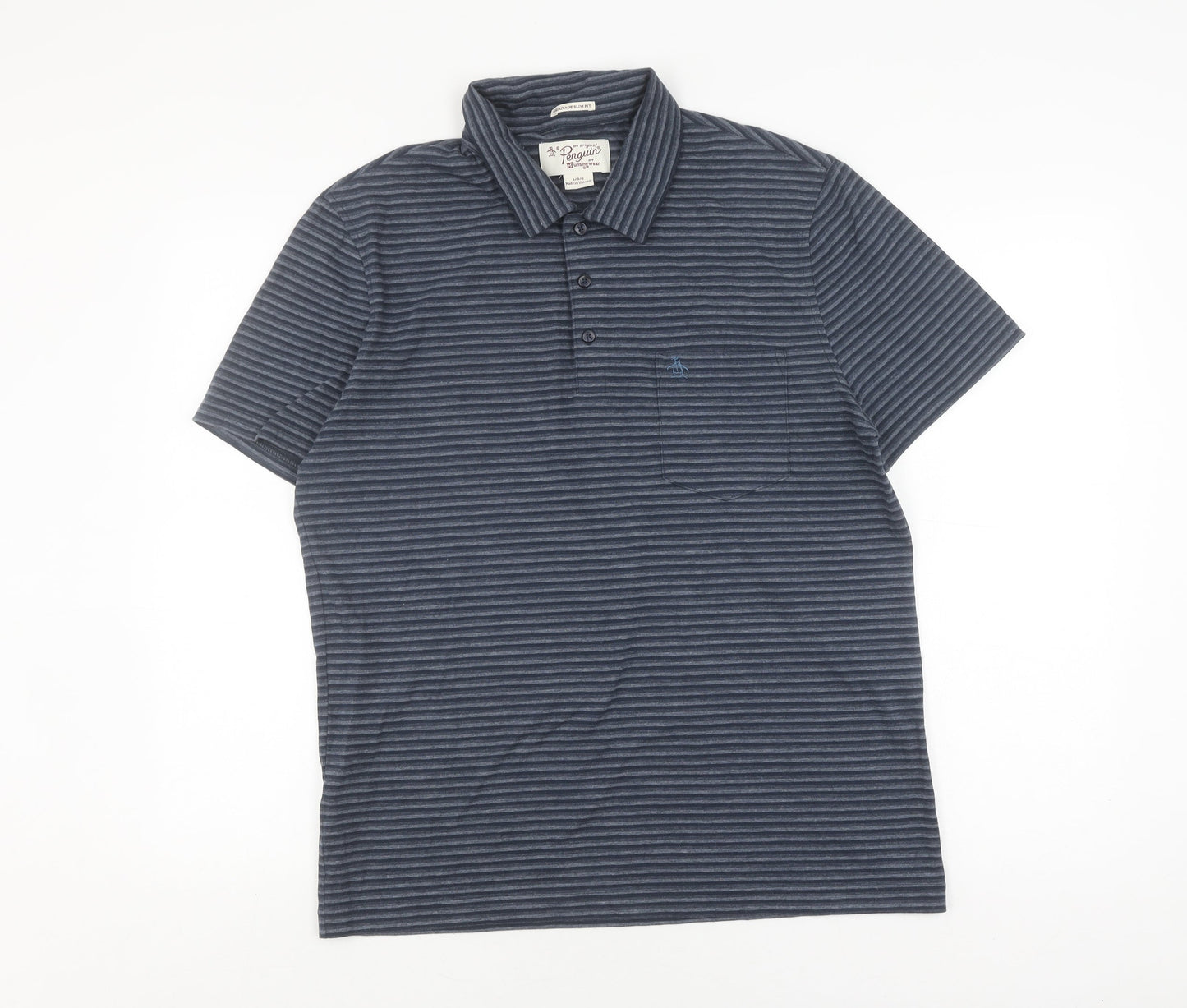 Original Penguin Men's Grey Striped Polo Shirt L