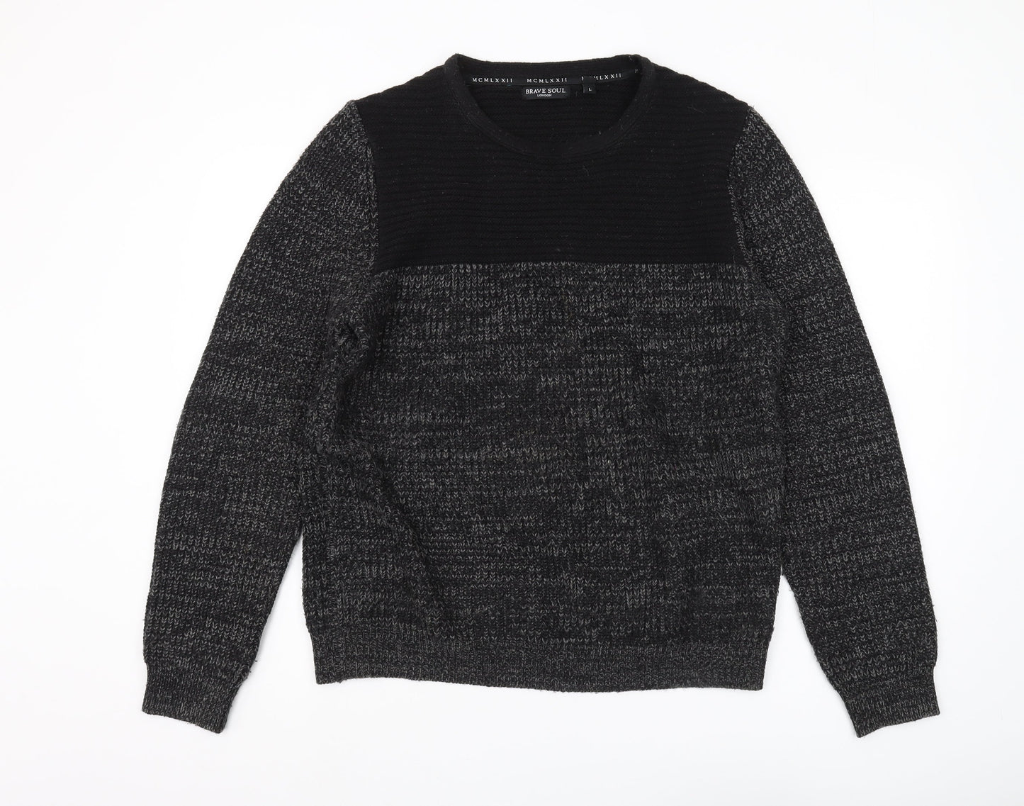 Brave Soul Men’s Black Crew Neck Pullover Jumper Large