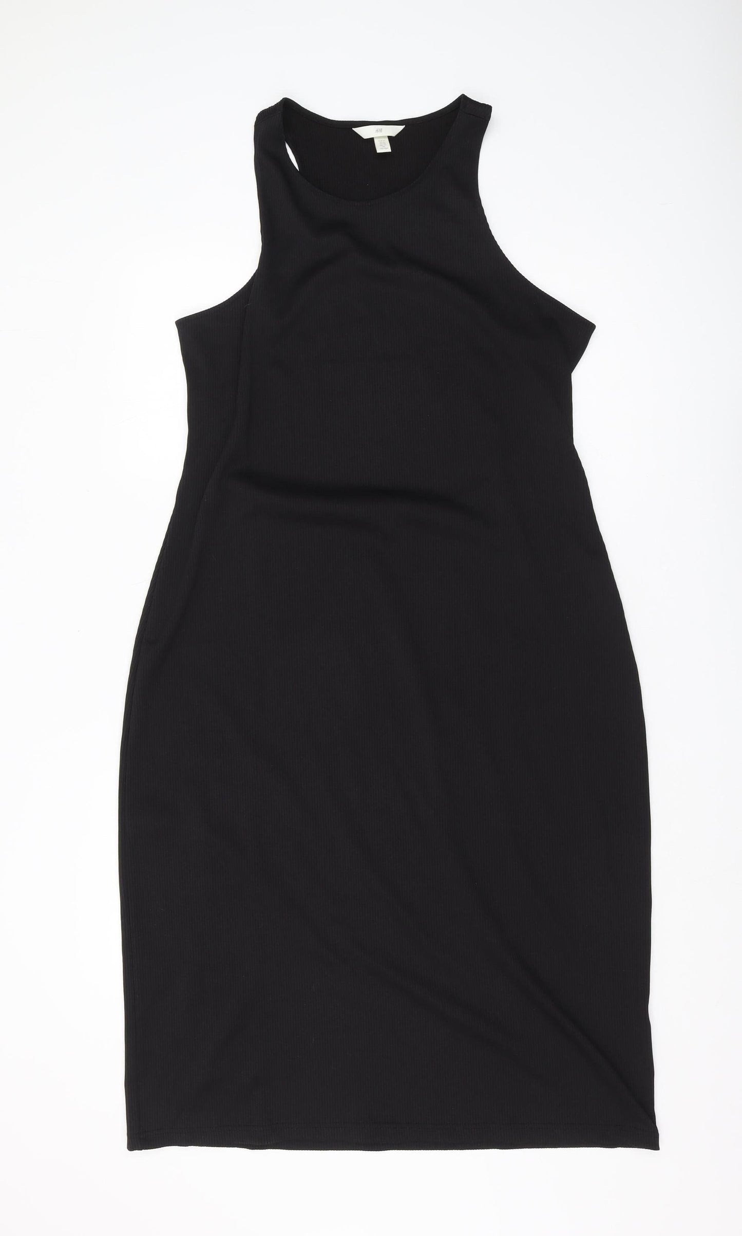 H&M Women's Black Bodycon Midi Dress, Size 12, Sleeveless Elegance