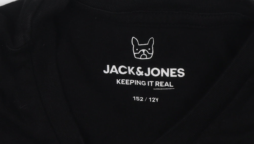 Jack & Jones Boys Black Graphic T-Shirt, Size 12, Crew Neck