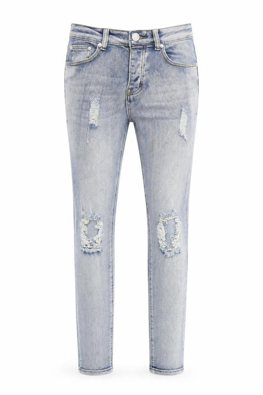 Front view of boohooMAN Blue Skinny Jeans, men’s, size 30, distressed