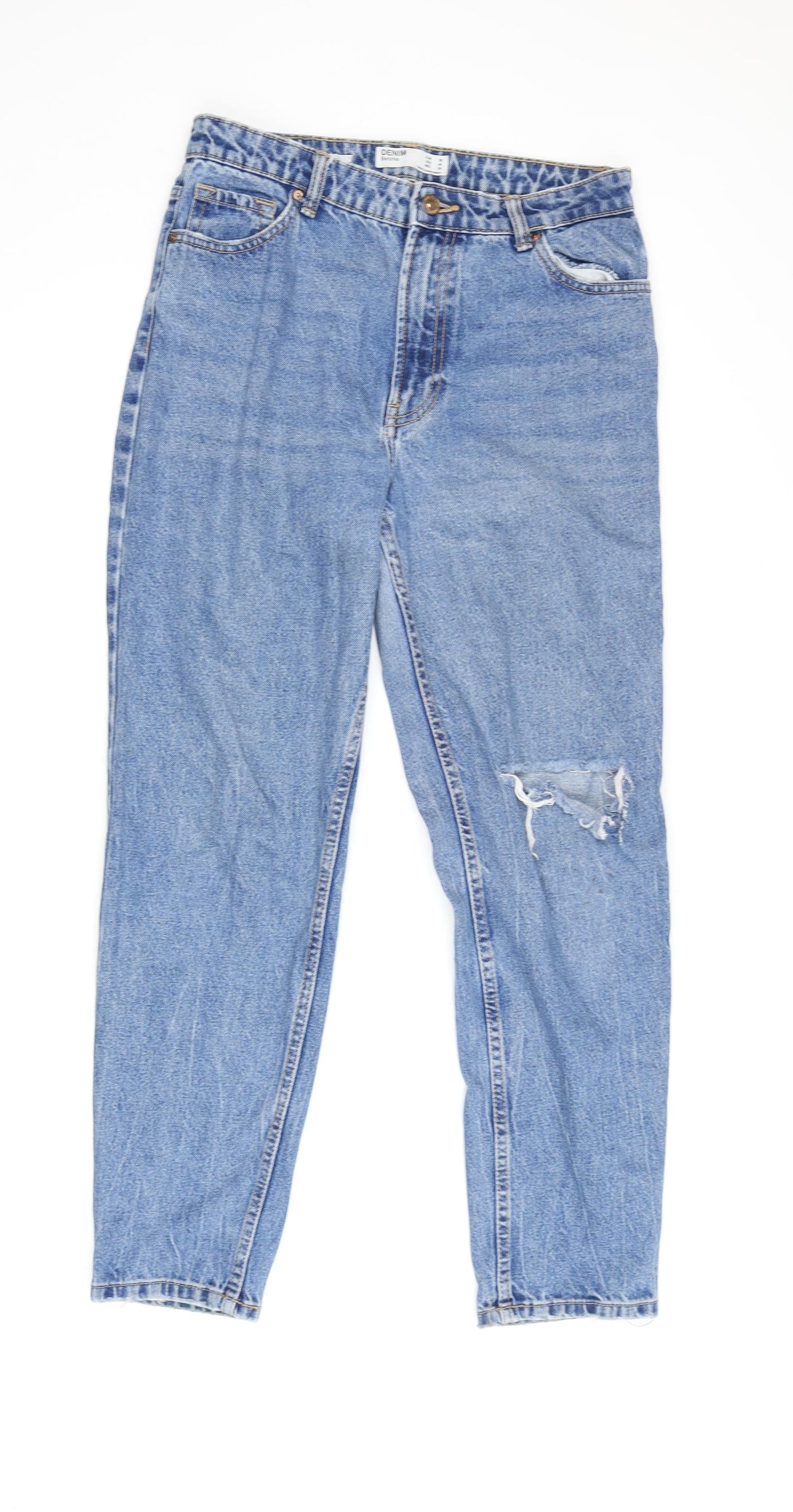 Bershka Women's Blue Mom Jeans, Size 10, Distressed