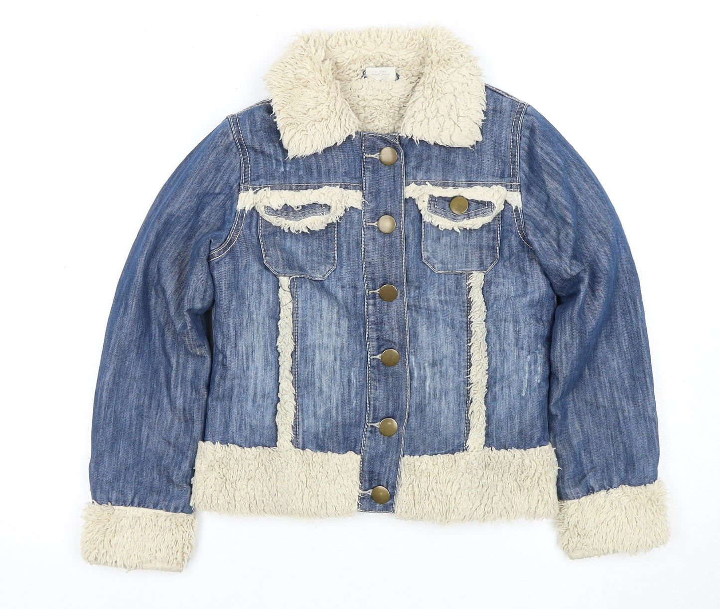 Next Girls Blue Denim Jacket 9-10 Years Faux Fur Trim