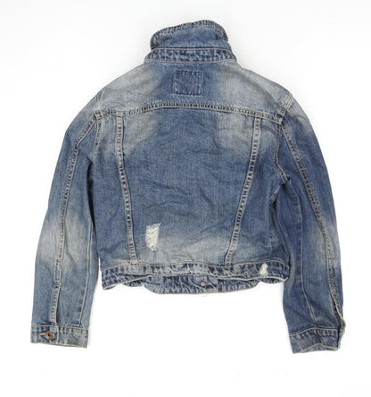 Zara Girls Blue Denim Jacket Size S Ripped Casual