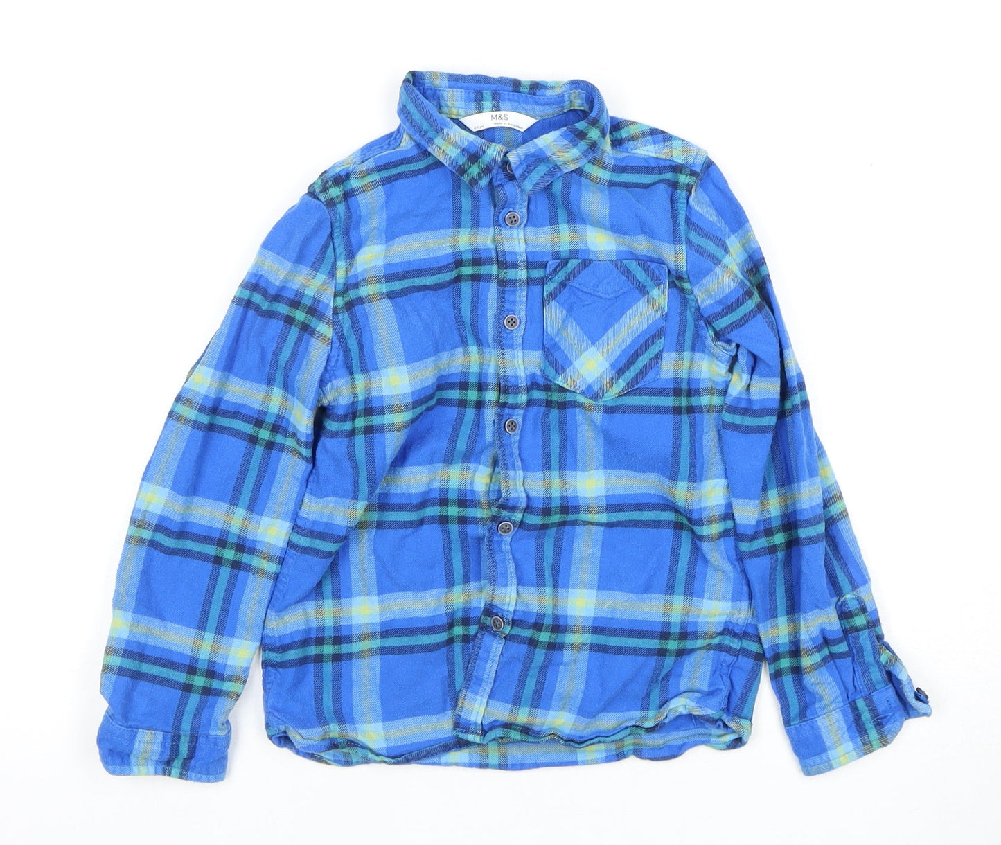 Marks and Spencer Boys Blue Plaid Button-Up Shirt 6-7 Years