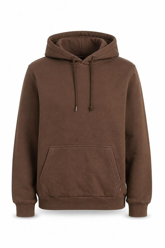 Front view of Bershka unisex brown pullover hoodie, size S