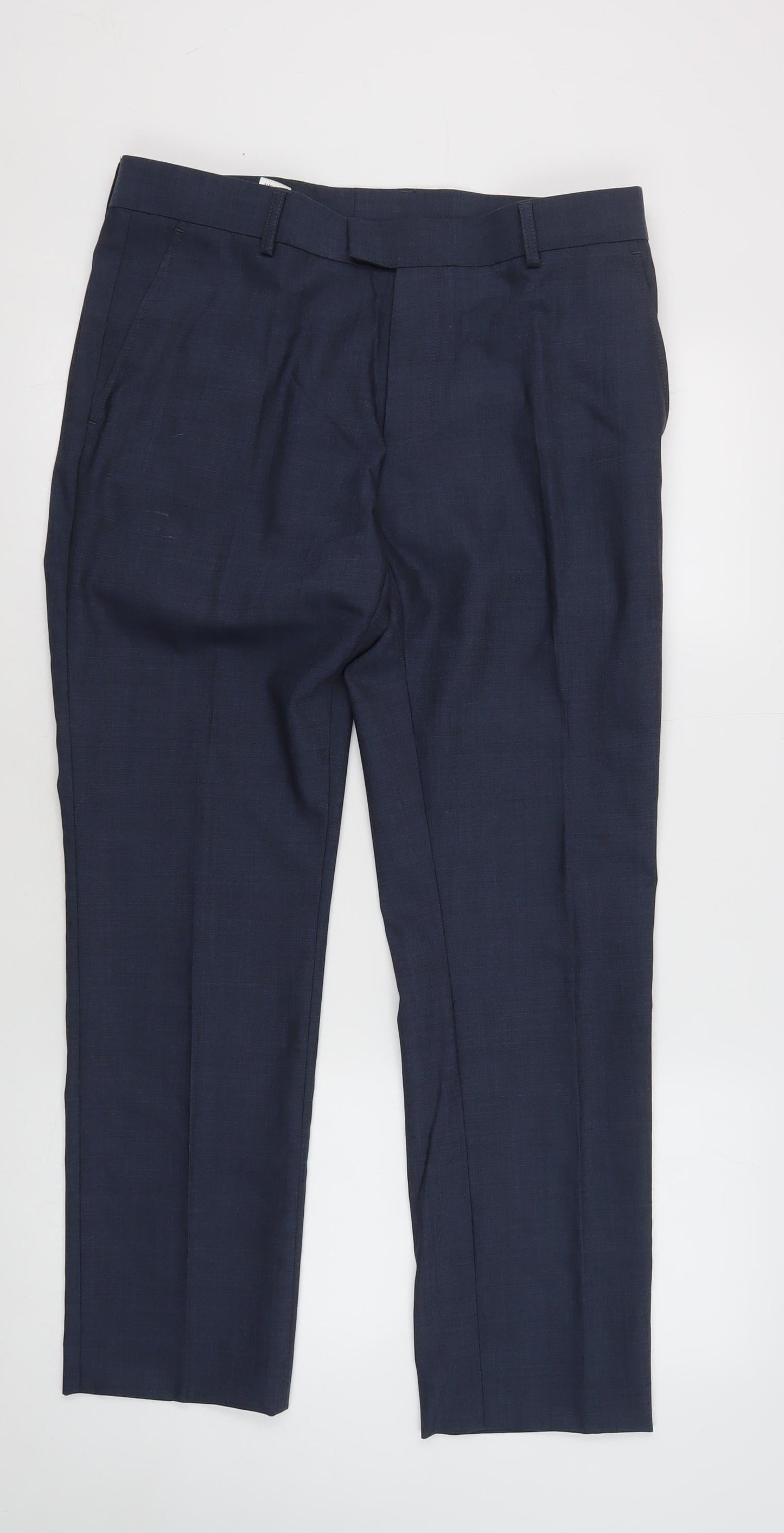 Topman Men's Blue Wool Trousers, Size 34S, Flat Front